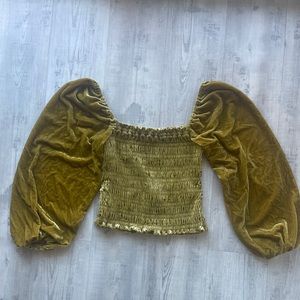 Anthropologie SMALL Mustard Velvet Bell Sleeve Crop Top